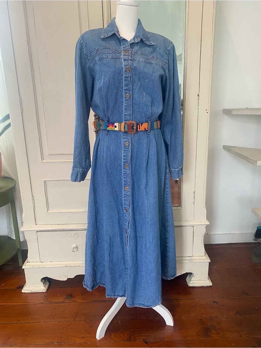Vtg 90s Denim Midi Dress Western Prairie Grunge Button Front Cottagecore Boho